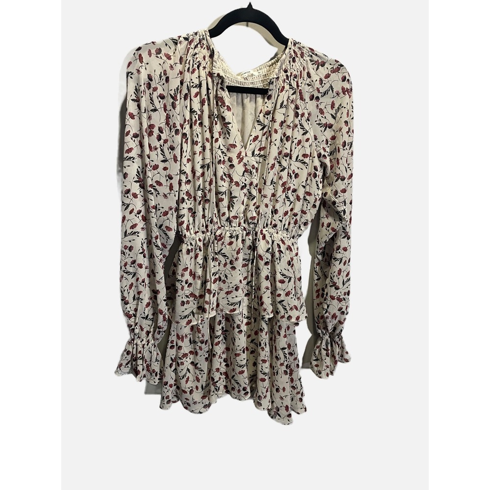 Tularosa Mini Dress Womens XS Cream Floral Tiered Ruffle Boho Long Sleeve V-Neck